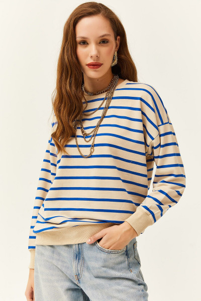 Kadın Taş Mavi Basic Yumuşak Dokulu Salaş Sweatshirt SWT-19000457 Kadın Taş Mavi Basic Yumuşak Dokulu Salaş Sweatshirt SWT-19000457