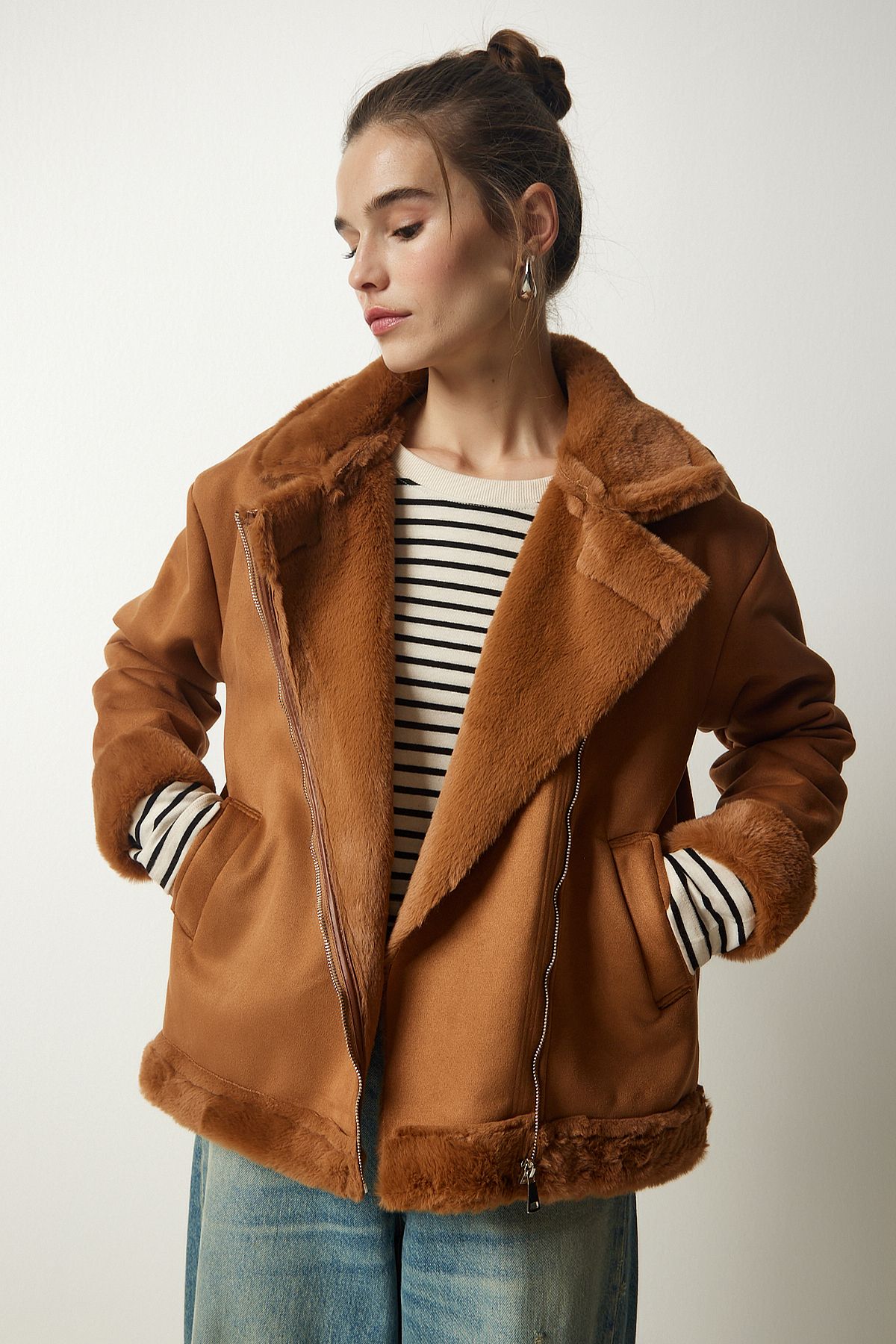 Kadın Taba Kürklü Nubuk Mont RV00155