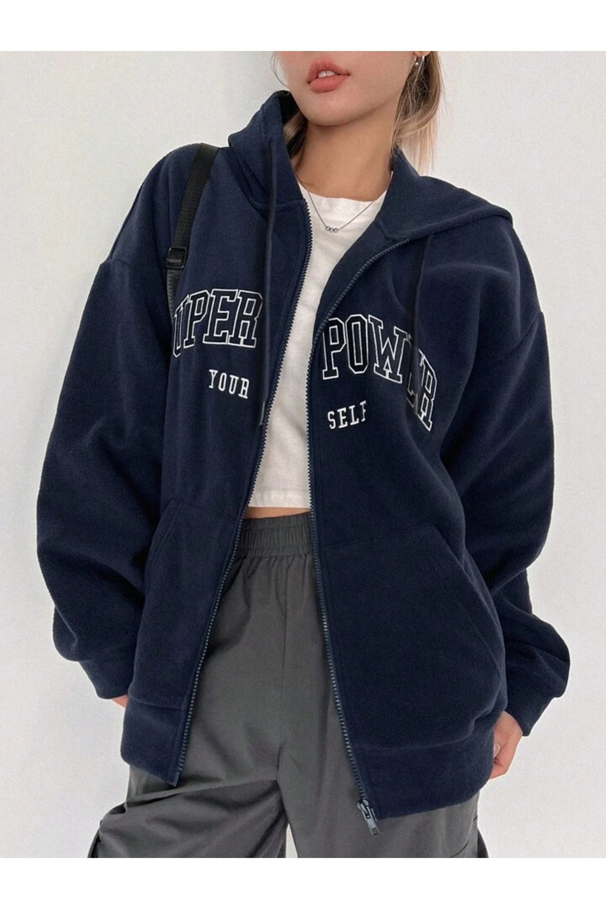 Süper Power Hırka - Lacivert Baskılı Oversize Kapüşonlu Süper Power Hırka - Lacivert Baskılı Oversize Kapüşonlu