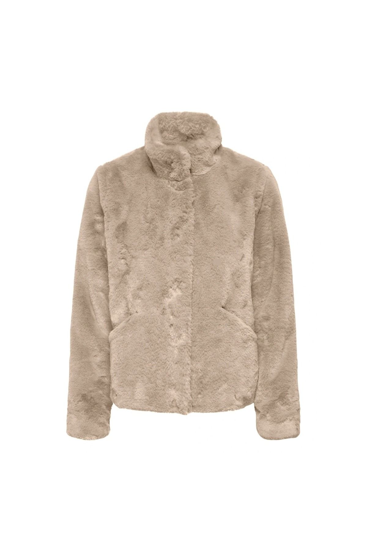 New Vida Faux Fur Kadın Bej Dik Yaka Ceket New Vida Faux Fur Kadın Bej Dik Yaka Ceket