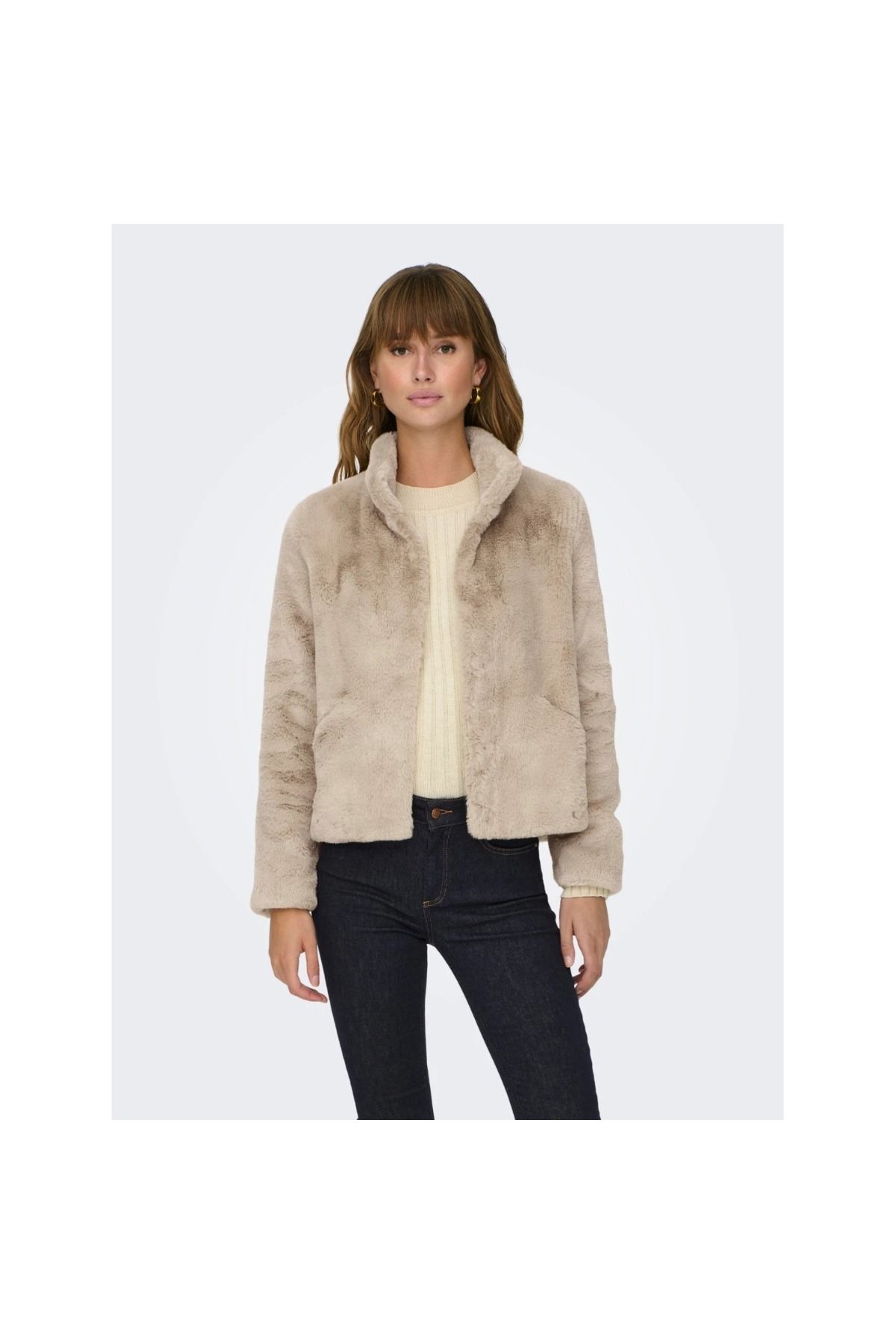 New Vida Faux Fur Kadın Bej Dik Yaka Ceket New Vida Faux Fur Kadın Bej Dik Yaka Ceket