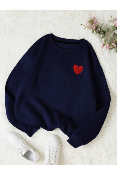 Kırmızı Minimal Kalp Sweatshirt - Lacivert Baskılı Oversize Kalın Kışlık Bisiklet Yaka Kırmızı Minimal Kalp Sweatshirt - Lacivert Baskılı Oversize Kalın Kışlık Bisiklet Yaka