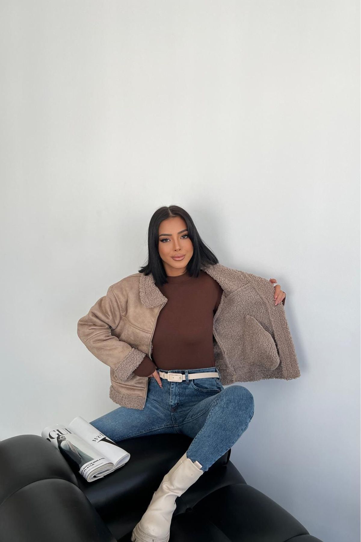 XXL Butik kadın fermuarlı içi kürklü süet mont GTS017 - Vizon XXL Butik kadın fermuarlı içi kürklü süet mont GTS017 - Vizon