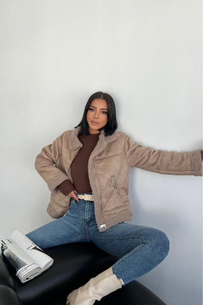 XXL Butik kadın fermuarlı içi kürklü süet mont GTS017 - Vizon