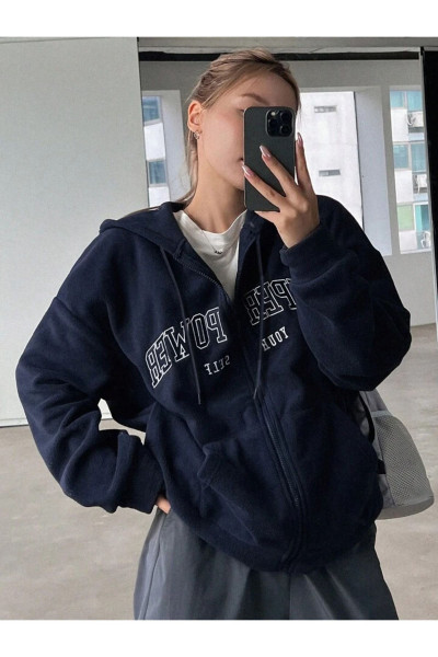 Süper Power Hırka - Lacivert Baskılı Oversize Kapüşonlu