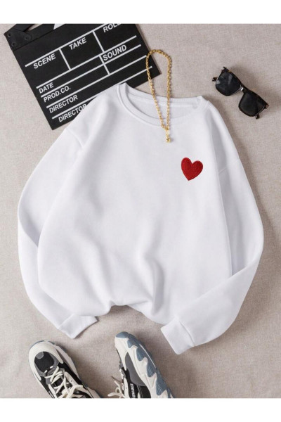 Kırmızı Minimal Kalp Sweatshirt - Beyaz Baskılı Oversize Kalın Kışlık Bisiklet Yaka Kırmızı Minimal Kalp Sweatshirt - Beyaz Baskılı Oversize Kalın Kışlık Bisiklet Yaka