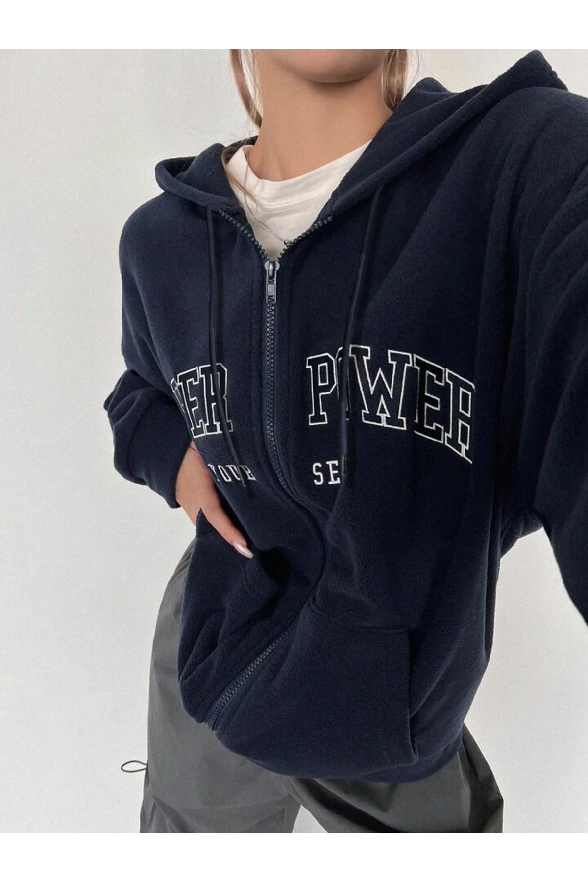 Süper Power Hırka - Lacivert Baskılı Oversize Kapüşonlu Süper Power Hırka - Lacivert Baskılı Oversize Kapüşonlu