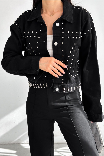 Zımba Taşlı Cepli Denim Crop Kot Ceket Zımba Taşlı Cepli Denim Crop Kot Ceket