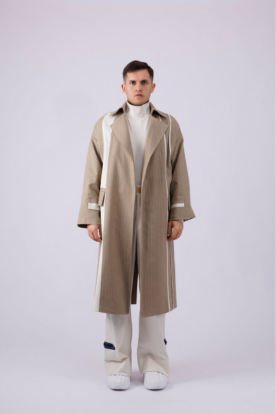 Unisex Skunk Şerit Detaylı Çizgili Kruvaze Yaka Uzun Palto - Skunk Unisex Skunk Şerit Detaylı Çizgili Kruvaze Yaka Uzun Palto - Skunk