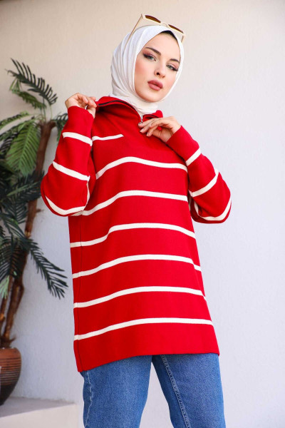 Kırmızı Yaka Fermuarlı Çizgili Triko Tunik Kırmızı Yaka Fermuarlı Çizgili Triko Tunik