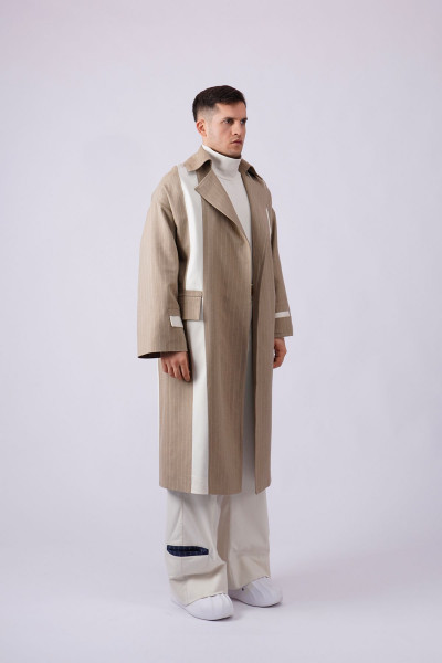 Unisex Skunk Şerit Detaylı Çizgili Kruvaze Yaka Uzun Palto - Skunk Unisex Skunk Şerit Detaylı Çizgili Kruvaze Yaka Uzun Palto - Skunk