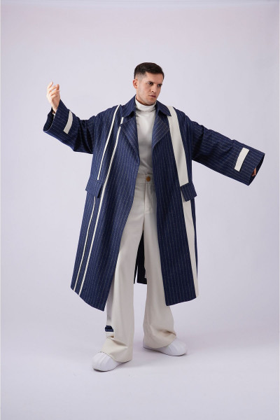 Unisex Skunk Şerit Detaylı Çizgili Kruvaze Yaka Uzun Palto - Skunk Unisex Skunk Şerit Detaylı Çizgili Kruvaze Yaka Uzun Palto - Skunk