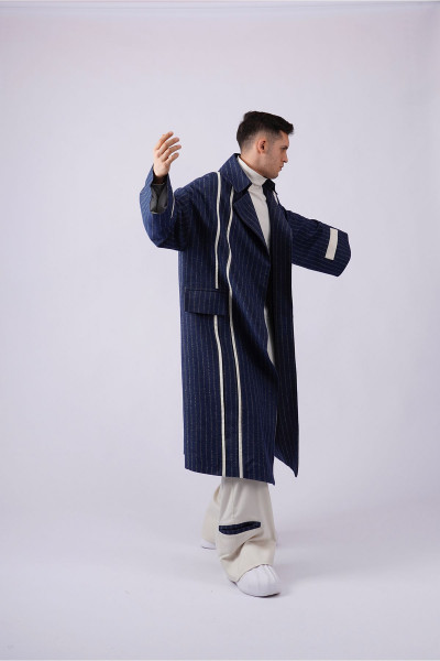 Unisex Skunk Şerit Detaylı Çizgili Kruvaze Yaka Uzun Palto - Skunk Unisex Skunk Şerit Detaylı Çizgili Kruvaze Yaka Uzun Palto - Skunk