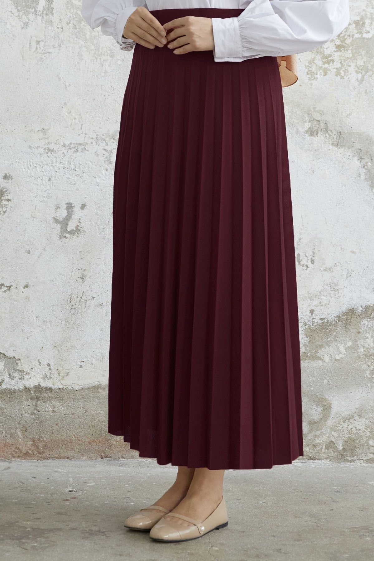 Luisa Beli Lastik Piliseli Etek - Bordo Luisa Beli Lastik Piliseli Etek - Bordo