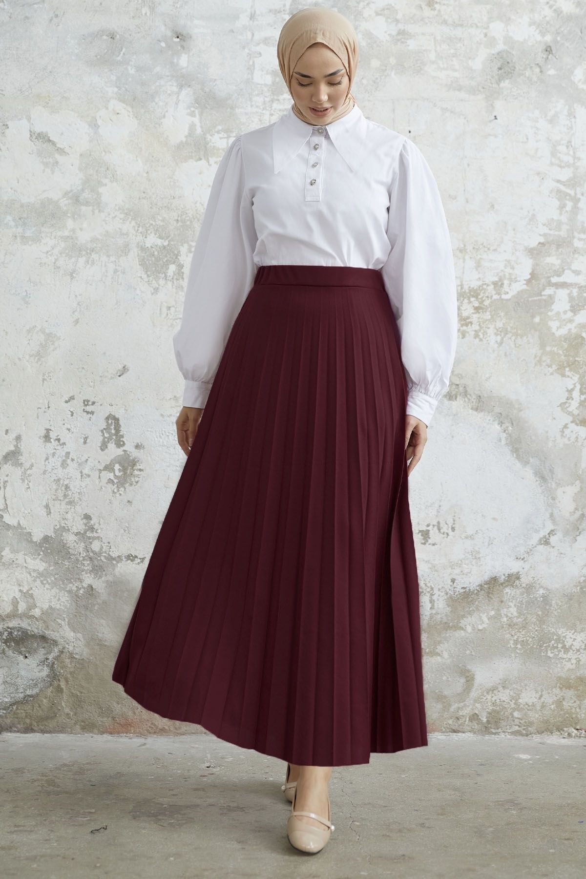 Luisa Beli Lastik Piliseli Etek - Bordo Luisa Beli Lastik Piliseli Etek - Bordo