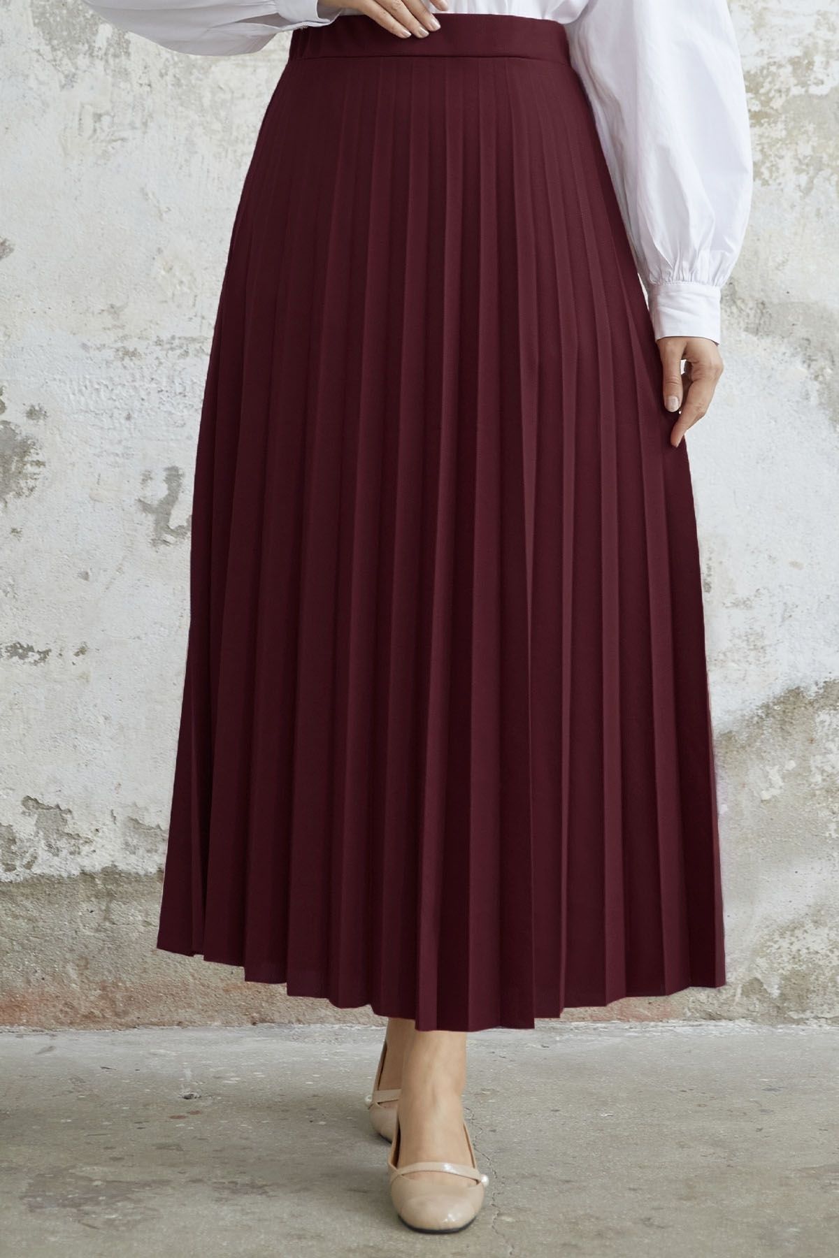 Luisa Beli Lastik Piliseli Etek - Bordo Luisa Beli Lastik Piliseli Etek - Bordo