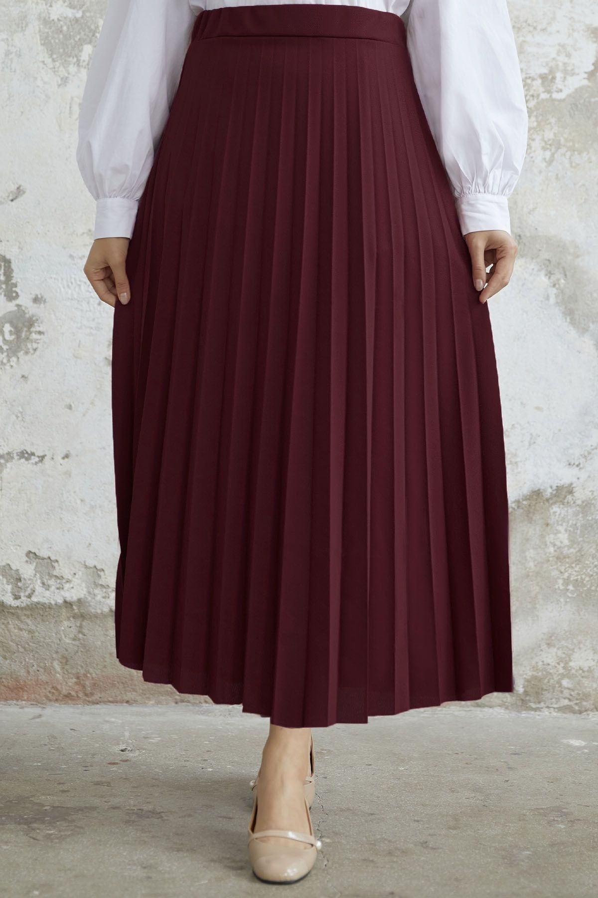 Luisa Beli Lastik Piliseli Etek - Bordo Luisa Beli Lastik Piliseli Etek - Bordo