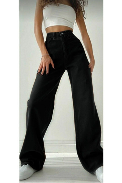 Kadın Salaş Likralı 90's Solmayan Siyah Süper Yüksek Bel Bol Paça Denim Kot Palazzo Kadın Salaş Likralı 90's Solmayan Siyah Süper Yüksek Bel Bol Paça Denim Kot Palazzo