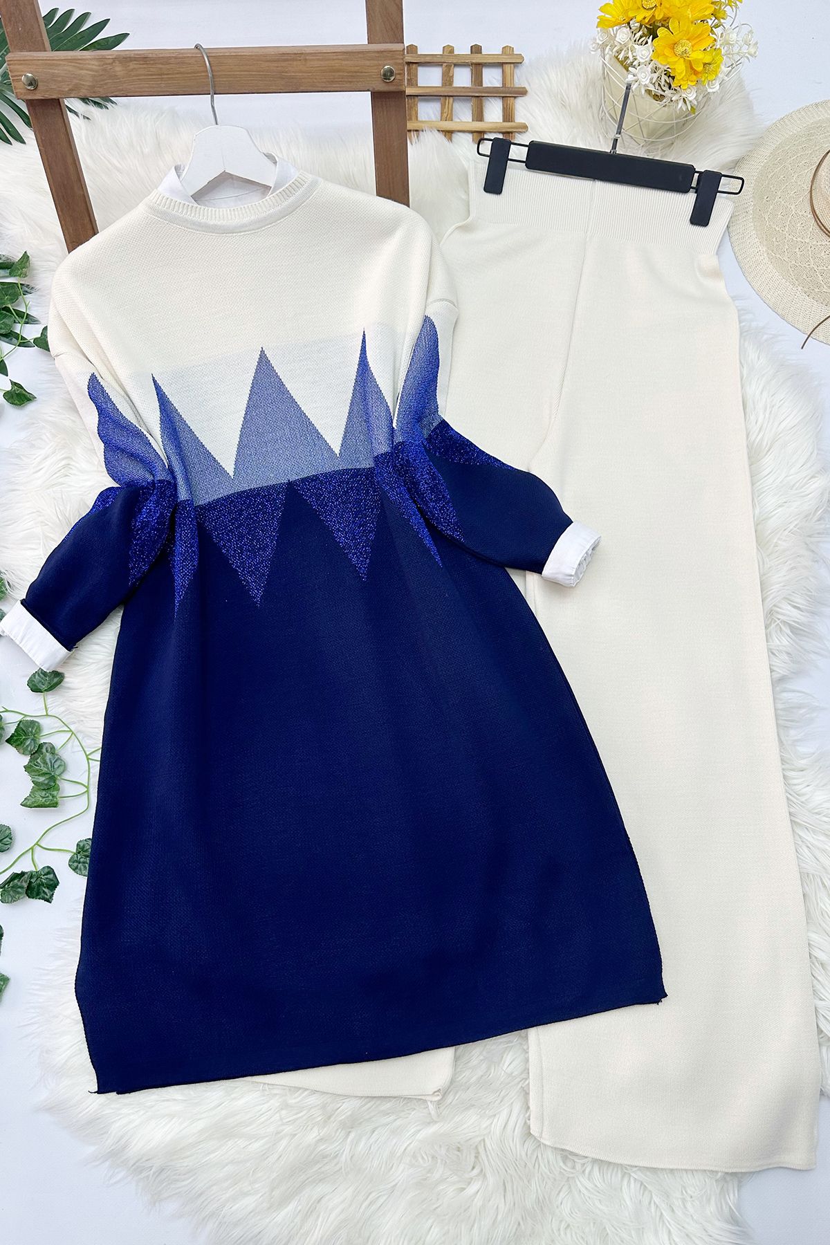 Zikzak Triko Tunik Pantolon Takım - Lacivert Zikzak Triko Tunik Pantolon Takım - Lacivert