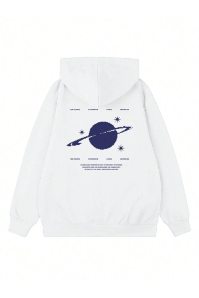 Saturn Cosmos %100 Pamuk Sweatshirt - Beyaz Baskılı Oversize Kışlık İçi Polarlı Kapüşonlu Saturn Cosmos %100 Pamuk Sweatshirt - Beyaz Baskılı Oversize Kışlık İçi Polarlı Kapüşonlu