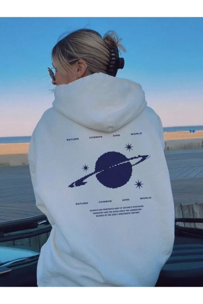 Saturn Cosmos %100 Pamuk Sweatshirt - Beyaz Baskılı Oversize Kışlık İçi Polarlı Kapüşonlu Saturn Cosmos %100 Pamuk Sweatshirt - Beyaz Baskılı Oversize Kışlık İçi Polarlı Kapüşonlu