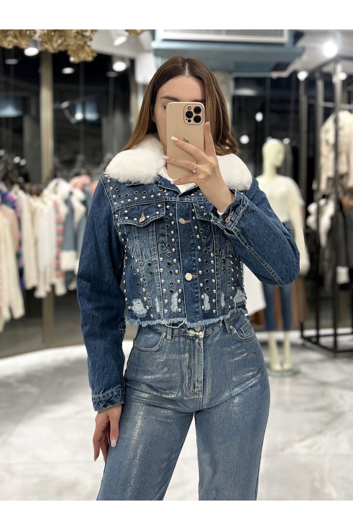 Meren Yakası Kürklü Kot Mont-Mavi