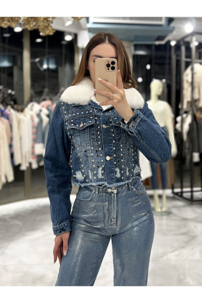 Meren Yakası Kürklü Kot Mont-Mavi Meren Yakası Kürklü Kot Mont-Mavi