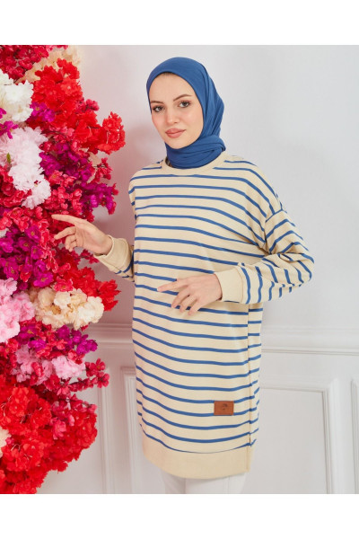 Triko İki İplik Pamuklu Çizgili Model Tesettür Tunik Triko İki İplik Pamuklu Çizgili Model Tesettür Tunik