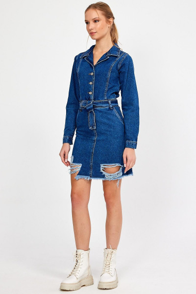 ÖZEL KOLEKSİYON DÜĞMELİ KUŞAKLI KOT ELBİSE (3023) ÖZEL KOLEKSİYON DÜĞMELİ KUŞAKLI KOT ELBİSE (3023)