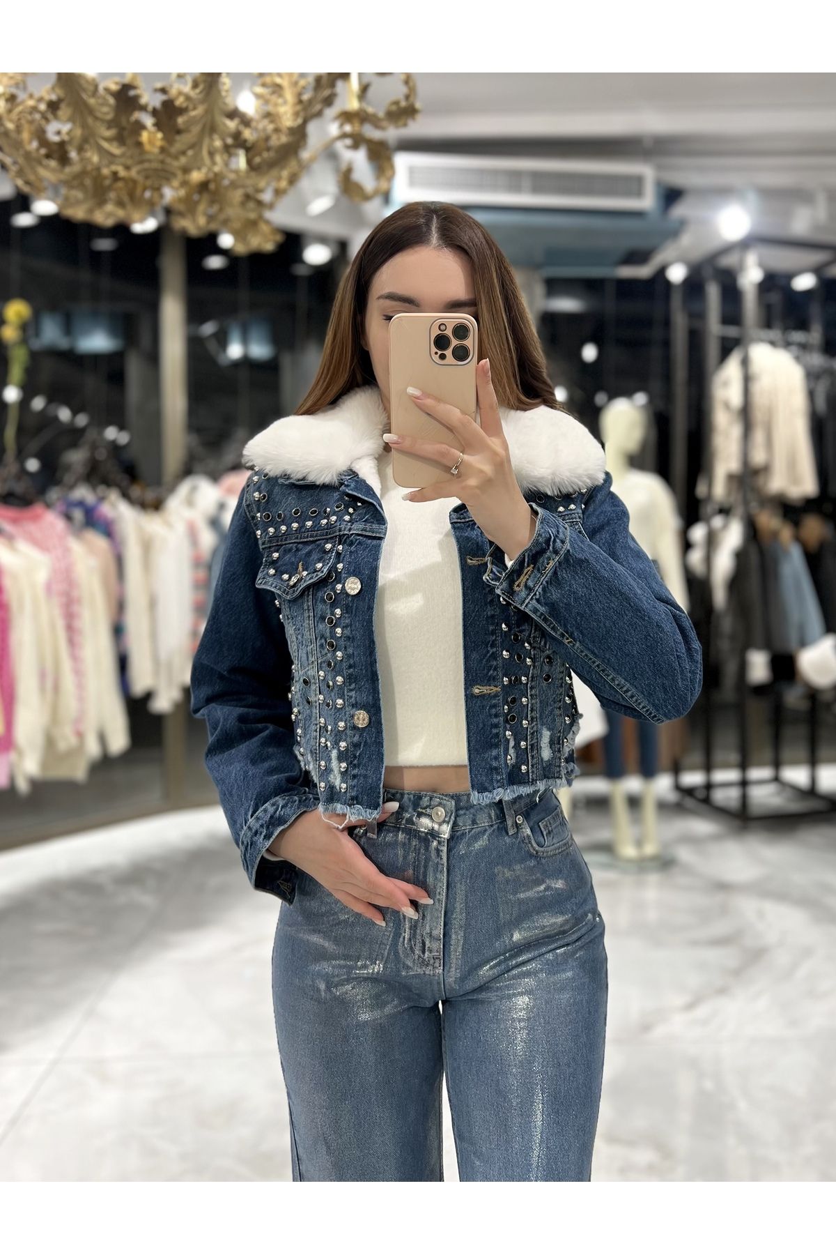 Meren Yakası Kürklü Kot Mont-Mavi