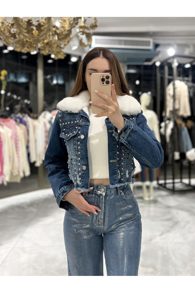 Meren Yakası Kürklü Kot Mont-Mavi Meren Yakası Kürklü Kot Mont-Mavi