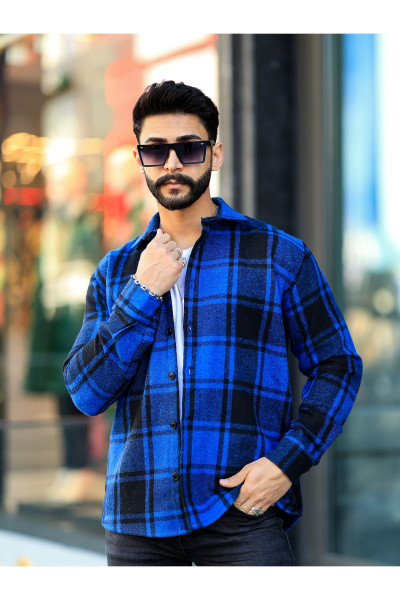 Oduncu Gömlek Mavi Siyah Çizgili Dik Yaka Düğmeli