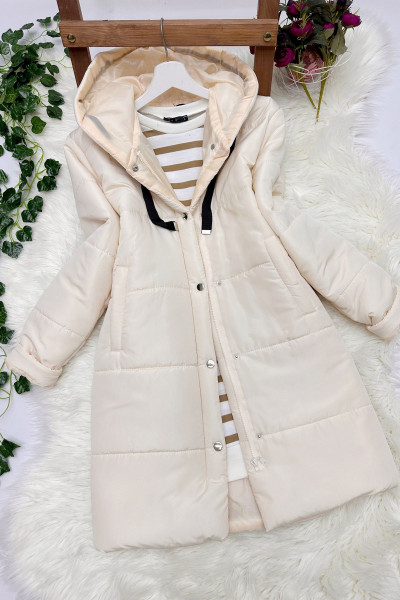 Kapüşonlu Kapitone Mont- Krem Kapüşonlu Kapitone Mont- Krem