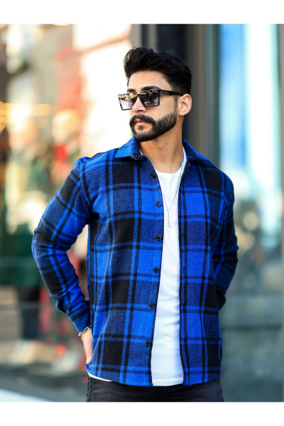 Oduncu Gömlek Mavi Siyah Çizgili Dik Yaka Düğmeli