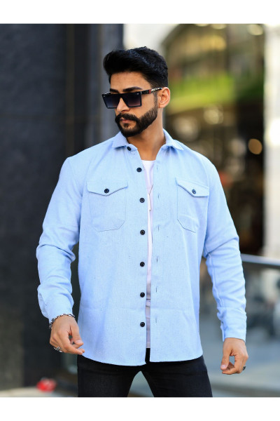 Oduncu Gömlek Çift Cep Kapaklı Mavi Düğmeli Kaşe