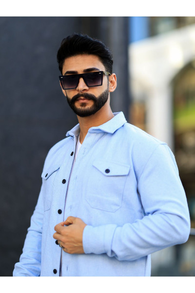 Oduncu Gömlek Çift Cep Kapaklı Mavi Düğmeli Kaşe