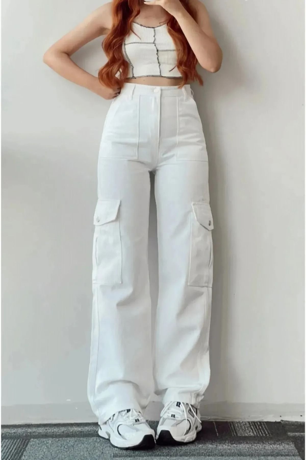 Yüksek Bel Kargo Cepli Beyaz Jeans Kadın Çok Cepli Kargo Kot Pantolon Yüksek Bel Kargo Cepli Beyaz Jeans Kadın Çok Cepli Kargo Kot Pantolon