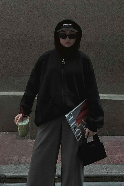 Ön Fermuarlı Düz Sweatshirt