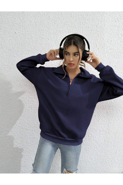 Lacivert Dik Yaka Yarım Fermuarlı Düz Kazak Sweatshirt Lacivert Dik Yaka Yarım Fermuarlı Düz Kazak Sweatshirt