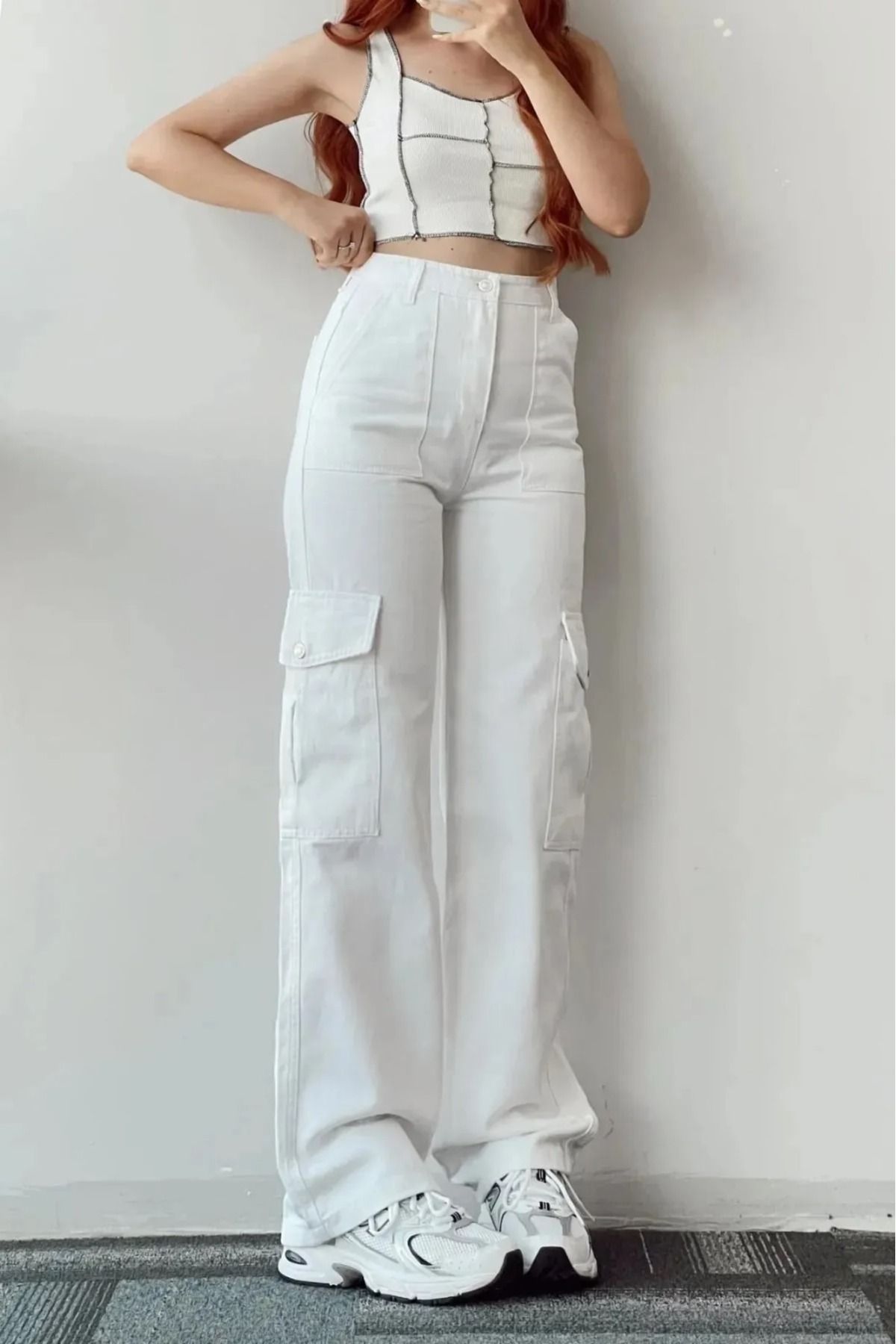 Yüksek Bel Kargo Cepli Beyaz Jeans Kadın Çok Cepli Kargo Kot Pantolon Yüksek Bel Kargo Cepli Beyaz Jeans Kadın Çok Cepli Kargo Kot Pantolon