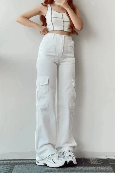 Yüksek Bel Kargo Cepli Beyaz Jeans Kadın Çok Cepli Kargo Kot Pantolon Yüksek Bel Kargo Cepli Beyaz Jeans Kadın Çok Cepli Kargo Kot Pantolon
