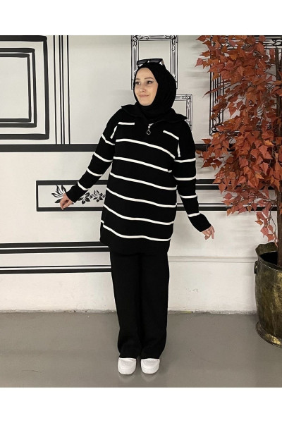 Yaka Fermuarlı Çizgili Triko Takım Yaka Fermuarlı Çizgili Triko Takım