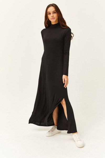 Kadın Siyah Yarım Balıkçı Yırtmaçlı Likralı Midi Viskon Elbise ELB-19001989 Kadın Siyah Yarım Balıkçı Yırtmaçlı Likralı Midi Viskon Elbise ELB-19001989