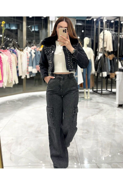 Meren Yakası Kürklü Kot Mont-Siyah Meren Yakası Kürklü Kot Mont-Siyah