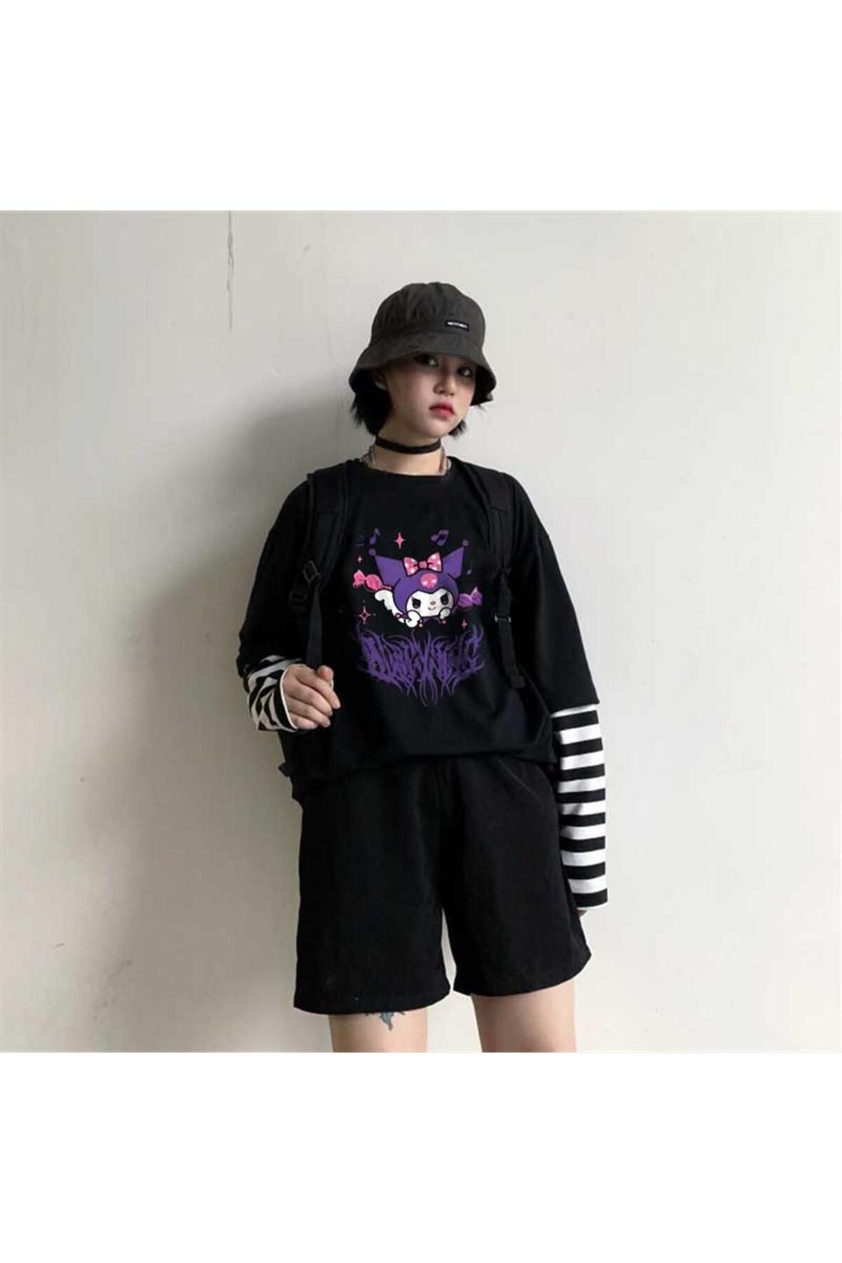 Kuromi Purple Baskılı Fake Sleeves Unisex Siyah T-shirt Kuromi Purple Baskılı Fake Sleeves Unisex Siyah T-shirt