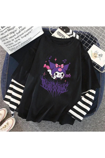 Kuromi Purple Baskılı Fake Sleeves Unisex Siyah T-shirt Kuromi Purple Baskılı Fake Sleeves Unisex Siyah T-shirt