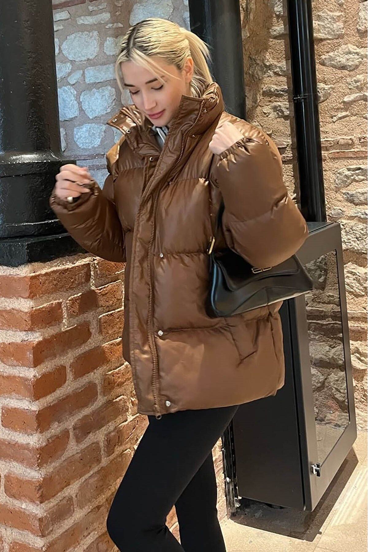 Kahverengi Basic Oversize Kadın Şişme Mont Mg1582 Kahverengi Basic Oversize Kadın Şişme Mont Mg1582