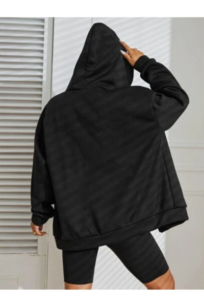 Siyah 2 ip Örme Kumaş Kapüşonlu Fermuarlı Sweatshirt Siyah 2 ip Örme Kumaş Kapüşonlu Fermuarlı Sweatshirt