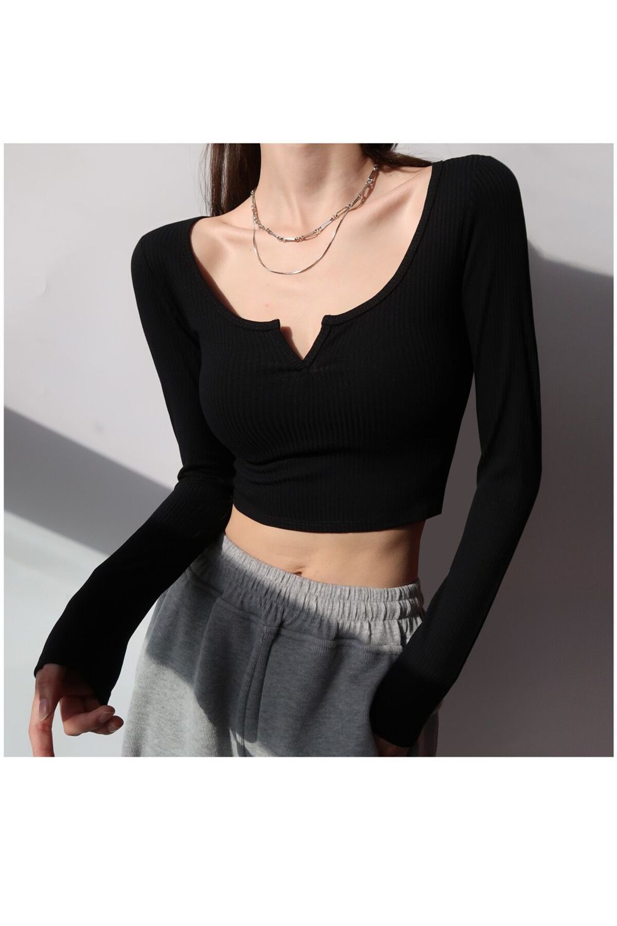 Kadın V Yaka Yaka Fitilli Crop Basıc Bluz
