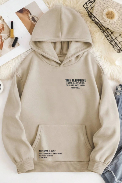 Unisex 2ip Şardonlu Happiest Bej Oversize Sweatshirt